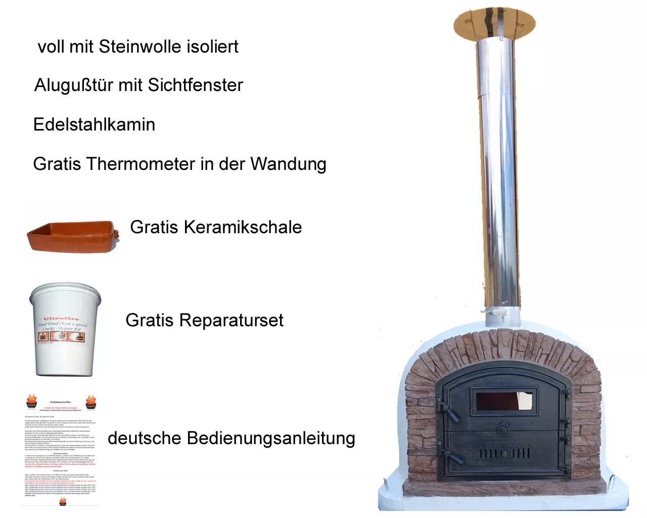 Holzbackofen "Venturared" AL mit Gußtüre und Sichtfenster 100x100cm – Bild 3